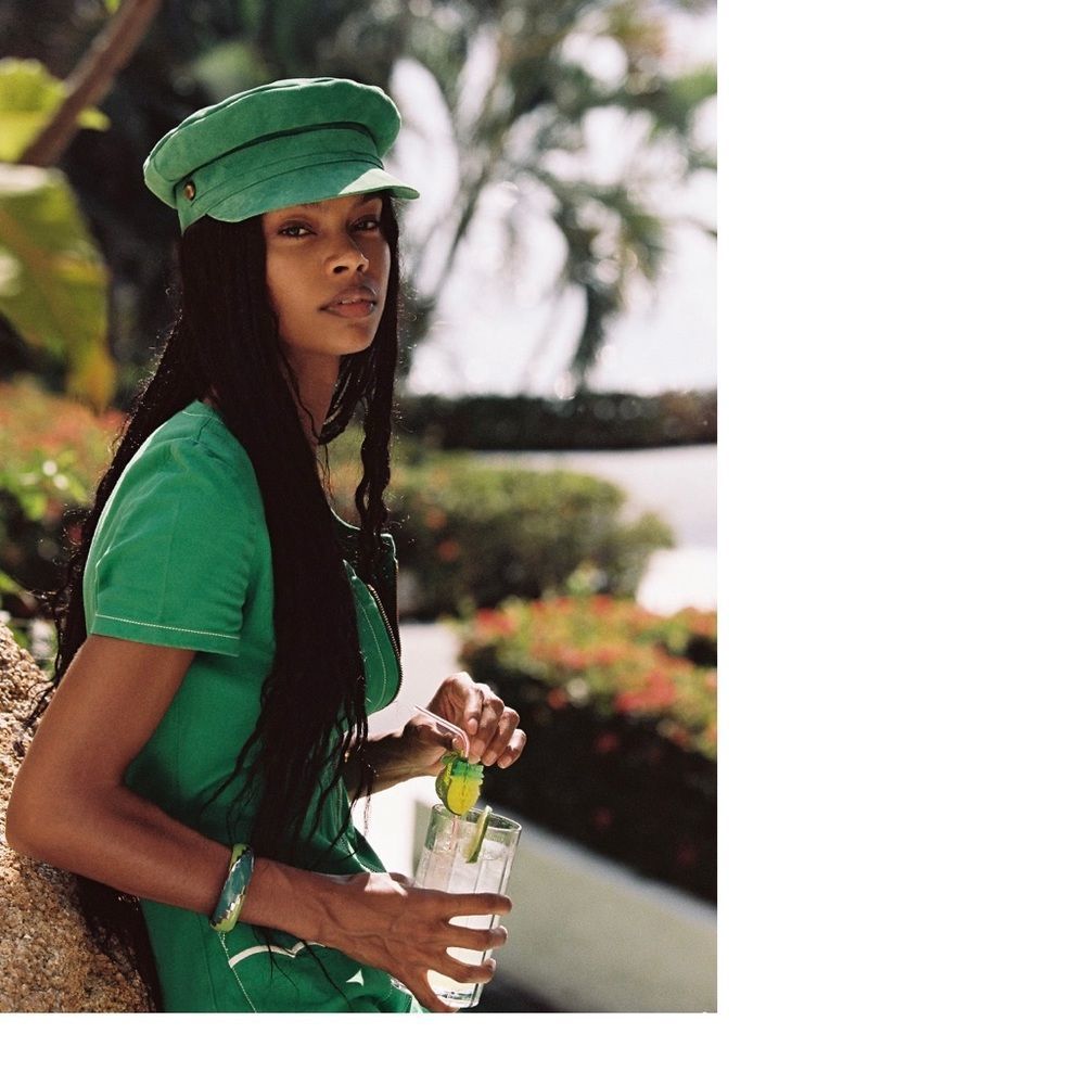 LACK OF COLOR LOLITA HAT CAP KELLY GREEN SUEDE LEATHER CAP HAT 70s RETRO SMALL